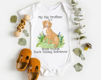 Peut inclure: Combinaison blanche pour bébé avec le texte "Mon grand frère est un Nova Scotia Duck Tolling Retriever" et une illustration aquarelle d'un chien brun.