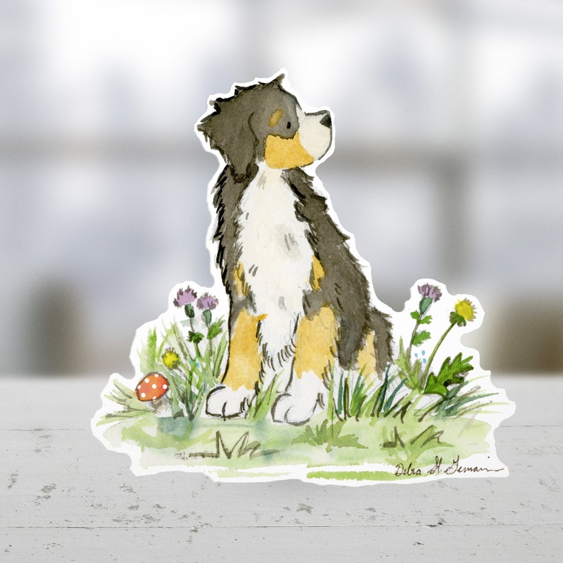 May include: Watercolor illustration of a Bernese Mountain Dog sitting in a field of wildflowers. The dog is looking up and has a brown, black, and white coat. The flowers are purple, yellow, and white. There is a red mushroom in the foreground.