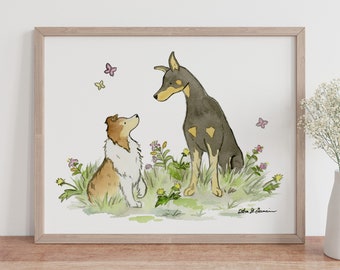 Sheltie Art Print, Doberman Print, Nursery Art, Dog Breed Art, Puppy Nursery Art, Shetland Sheepdog, Doberman Pinscher, Children's Art