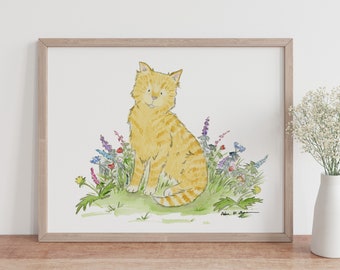 Watercolor Cat Art, Ginger Cat Art, Tabby Cat Print, Kitten Art, Kid's Wall Art, Children's Cat Art, Cat Nursery Art, Nursery Decor New Baby