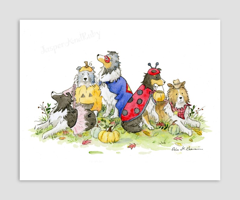 Sheltie Art Fall Dog Decor Halloween Shelties Watercolor - Etsy
