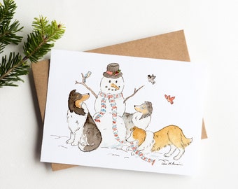 Sheltie Christmas Card, Shelties With Snowman, Shetland Sheepdog Holiday Card, Collie Christmas Card, Cute Sheltie Card, Dog Lover Card