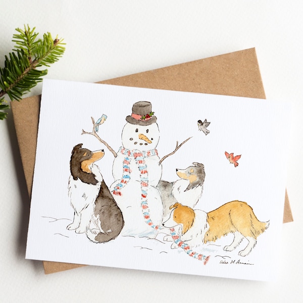 Sheltie Christmas Card, Shelties With Snowman, Shetland Sheepdog Holiday Card, Collie Christmas Card, Cute Sheltie Card, Dog Lover Card