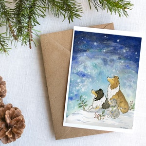 Sheltie Christmas Card, Shetland Sheepdog Holiday Card, Cute Sheltie Greeting Card, Dog Lover Card, Starry Sky, Gift for Sheltie Lover