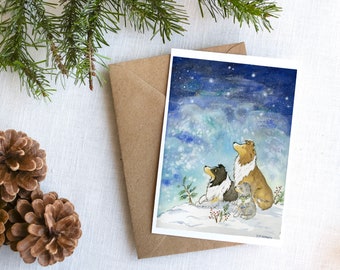 Sheltie Christmas Card, Shetland Sheepdog Holiday Card, Cute Sheltie Greeting Card, Dog Lover Card, Starry Sky, Gift for Sheltie Lover