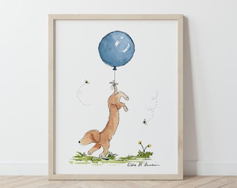 Puppy Nursery Art, Dachshund with Blue Balloon, Dog Nursery Print, Children's Wall Art, Kids Room Decor, Kids Wall Art, Dachshund Gift, Baby