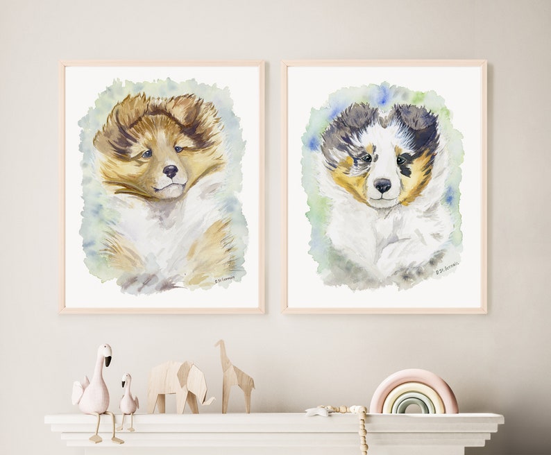 Sheltie Art,Blue Merle Sheltie Puppy, Shetland Sheepdog, Children's Art, Sheltie Gift, Sheltie Lover, Watercolor, Dog Portrait, Collie art image 4