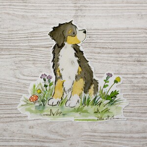 May include: Watercolor painting of a Bernese Mountain Dog sitting in a field of wildflowers. The dog is looking to the right and has a brown, black, and white coat. There is a red mushroom in the foreground.