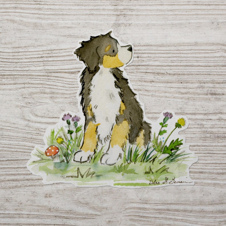 May include: Watercolor painting of a Bernese Mountain Dog sitting in a field of wildflowers. The dog is looking to the right and has a brown, black, and white coat. There is a red mushroom in the foreground.