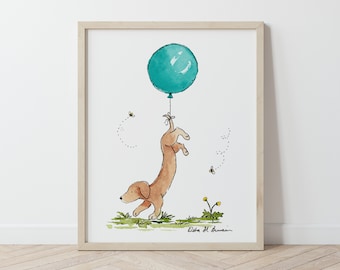 Cute Dachshund Art, Dachshund with Turquoise Balloon, Funny Dachshund Art, Gift for Dog Lovers, Puppy Nursery Art, Wiener Dog Art