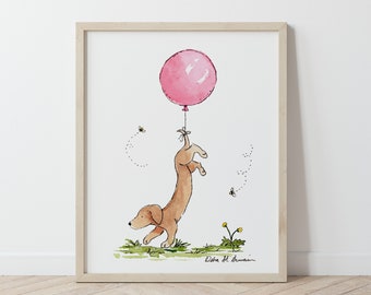 Dachshund Art Print, Pink Balloon Print, Dachshund Gift, Baby Girl Nursery, Girls Wall Art, Children's Art, Girl's Room Art, Wiener Dog Art