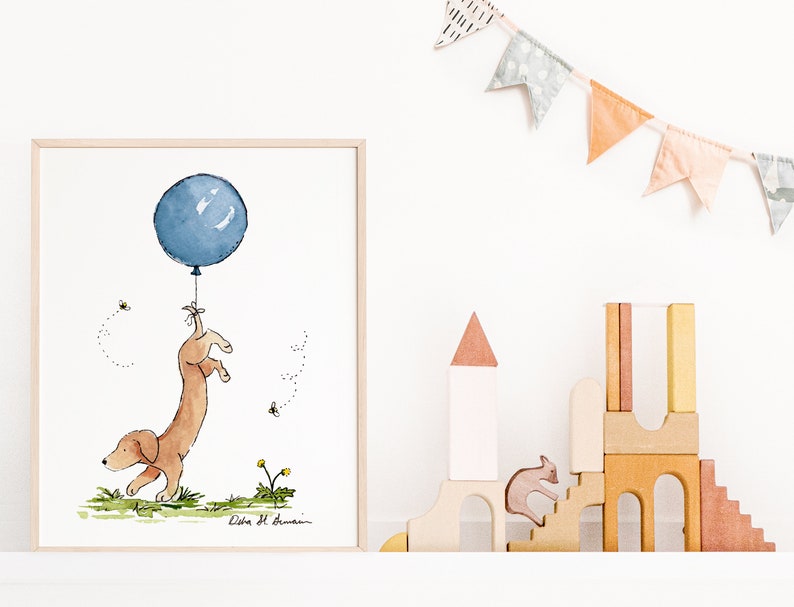 Puppy Nursery Art, Dachshund with Blue Balloon, Dog Nursery Print, Children's Wall Art, Kids Room Decor, Kids Wall Art, Dachshund Gift, Baby image 3