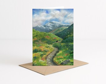 Alaskan Mountain Greeting Cards, Fall Hike with a Bernese Mountain Dog Card, Gift for Dog Lover