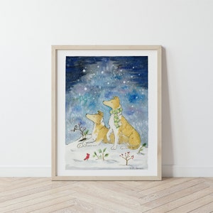 Smooth Collie Art, Winter Collies Starry Sky Watercolor Print, Christmas Collie Art, Collie Gift, Sable Collies, Collie Lover Dog Lover Gift