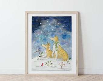 Smooth Collie Art, Winter Collies Starry Sky Watercolor Print, Christmas Collie Art, Collie Gift, Sable Collies, Collie Lover Dog Lover Gift