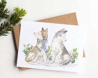 Husky Christmas Card Set, Malamute Holiday Card, Siberian Husky Lover, Husky Gifts, Dog Lover Card, Cute Husky Card, Watercolor Husky Art