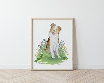 Australian Shepherd Art, Red Merle Aussie Print, Aussie Lover Gift, Pet Portrait, Puppy Nursery Art, Watercolor Print, Children's Art