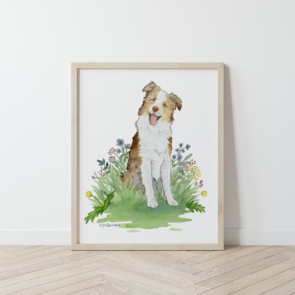 Australian Shepherd Art, Red Merle Aussie Print, Aussie Lover Gift, Pet Portrait, Puppy Nursery Art, Watercolor Print, Children's Art