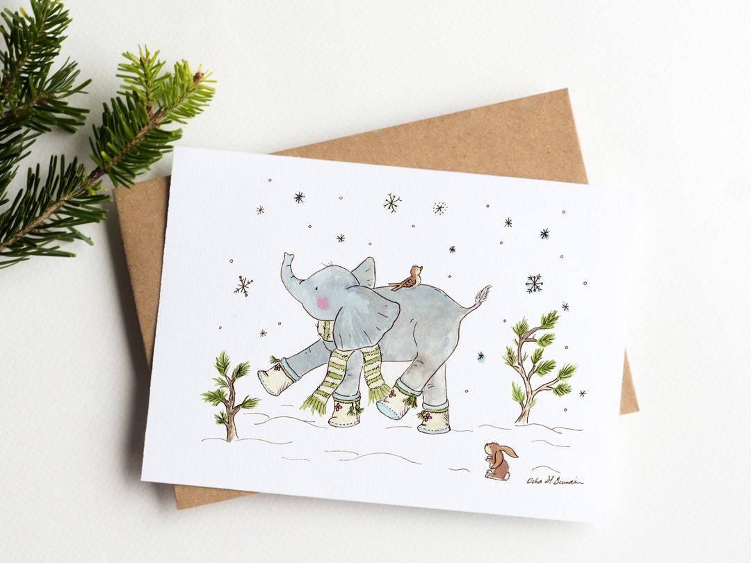Elephant Christmas Card Set, Elephant Holiday Card, Cute Elephant Card, Elephant Lover Card 