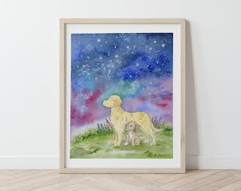 Labradoodle Art, Golden Doodle, Starry Skies, Star Gazing, Pet Portrait, Puppy Nursery Art, Watercolor Print, Children's Art, Moon and Stars