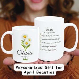 Personalized April Birth Flower Ceramic Mug: Custom Daisy Coffee Cup, Birth Month Gift, Botanical Birthday Present for Ant, Sister, or Mom