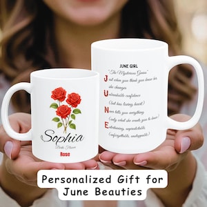 Mug personnalisé en céramique avec fleurs de naissance de juin : tasse à thé rose élégante personnalisée, cadeau pour le mois de naissance, cadeau d&#39;anniversaire souvenir unique pour maman, soeur