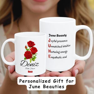 Mug personnalisé en céramique avec fleurs de naissance de juin : tasse à thé rose personnalisée, cadeau pour le mois de naissance, cadeau d&#39;anniversaire souvenir unique, aquarelle faite main