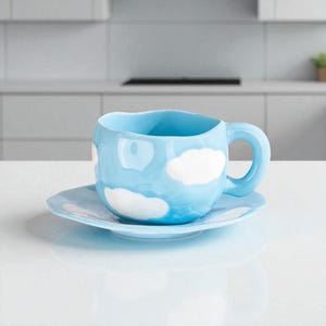 Whimsical Cloud Coffee Mug & Saucer Set: Blue Ceramic Tea Cup