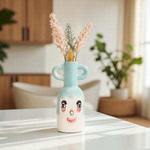 Whimsical Face Ceramic Vase – Playful Blue & White Decor with Double Handle, Unique Cute Vase for Flowers or Shelf Styling