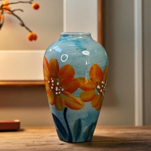 Hand Painted Ceramic Flower Vase – Blue with Orange Blossoms, Large Decorative Pottery for Fresh or Faux Flowers, Table Centrepiece