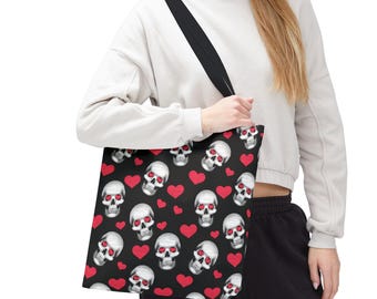 Borsa tote con teschio e cuore / Borsa in tela gotica / Cuori rosa su sfondo nero / Motivo disegnato a mano / Idea regalo alternativa