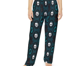 Gothic Pajama Pants | Women's Raven Skull Lounge Bottoms | Victorian Goth Sleepwear | Hand Drawn Art