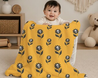 Goth Baby Blanket | Yellow Minky Nursery Blanket | Skull Daisy Toddler Blanket | Hand Drawn Art