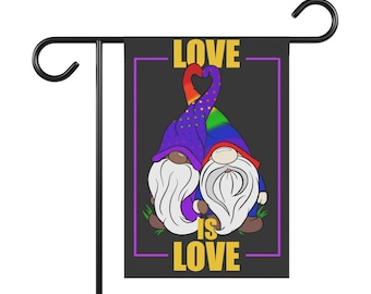 Bandiera da giardino Pride, coppia di gnomi interrazziali / Decorazione da giardino LGBTQ / Bandiera "L'amore è amore" / Stendardo stravagante per esterni / Regalo inclusivo