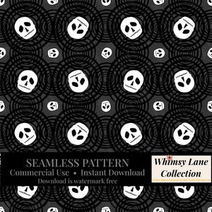 May include: A seamless digital pattern featuring white skulls on a dark gray background with black concentric circular rings. The image includes text that reads: SEAMLESS PATTERN, Commercial Use, Instant Download, Download is watermark free, Whimsy Lane Collection, A Place Where Everyone is FREE To Be Who They Are.