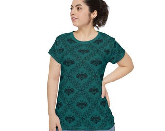 Camicia da donna a maniche corte con motivo damascato a pipistrello / Stampa all-over color verde acqua gotico / Abbigliamento grunge gotico disegnato a mano