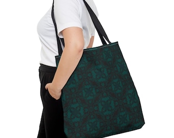 Teal Gothic Bat & Skull Tote Bag | Victorian Damask Goth Shoulder Bag