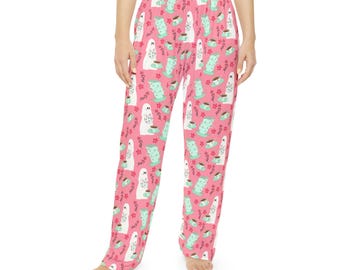 Cute Ghost Pajama Pants | Women's Pink Tea Party Lounge Bottoms | Cozy Sleepwear | Hand Drawn Art