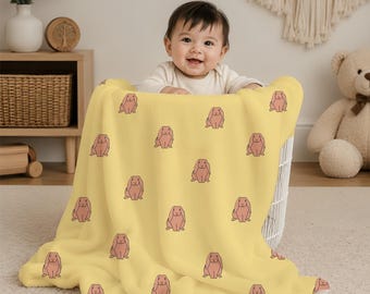 Bunny Baby Blanket | Yellow Minky Nursery Blanket | Rabbit Toddler Blanket | Hand Drawn Art