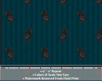 Gray Rose Floral Fabric | Teal Pinstripe Coordinate for Romantic & Office Goth