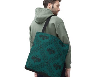 Borsa tote con motivo floreale a pipistrello / Motivo gotico a rombi / Design grunge color verde acqua / Borsa in tela / Idea regalo alternativa
