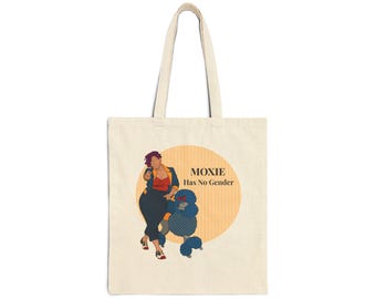 Nonbinary Pride Tote Bag | Queer Inclusive Gift | Moxie Has No Gender Design | Retro Character Art | Black Canvas Carryall