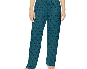 Spider Pajama Pants | Women's Gothic Lounge Bottoms | Teal Pinstripe Sleepwear | Hand Drawn Art