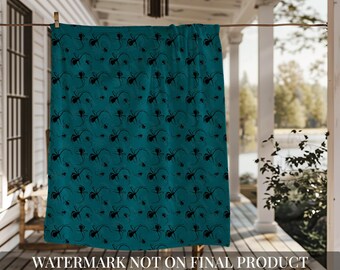 Spider Blanket | Teal Gothic Sherpa Throw | Victorian Goth Home Decor | Hand Drawn Art