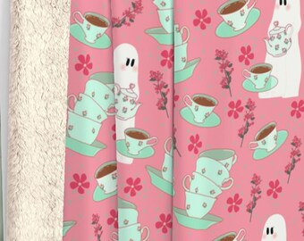 Pastel Goth Sherpa Blanket | Cute Ghost Tea Party Throw | Pink Floral Cottage Goth Blanket | Cozy Kawaii Halloween Decor