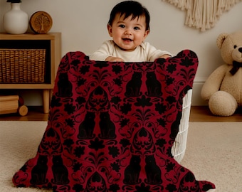Gothic Damask Minky Baby Blanket | Red Black Victorian Ornament