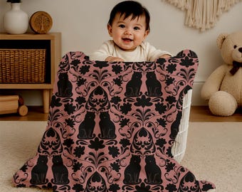 Victorian Damask Cat Pattern Minky Baby Blanket | Gothic Kitty Decor