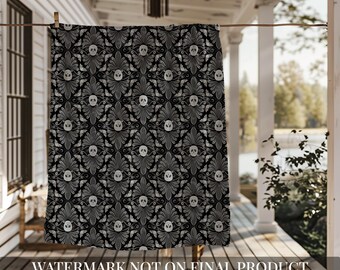 Goth Baby Blanket | Black Minky Nursery Blanket | Damask Skull Toddler Blanket | Hand Drawn Art