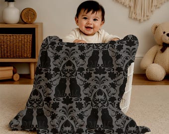 Gothic Cat Damask Minky Blanket | Dark Victorian Cat Pattern