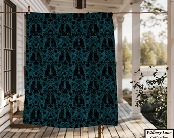 Haunted Manor Sherpa Blanket | Black Cat Throw Blanket | Gothic Home Decor | Hand Drawn Art
